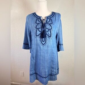 Umgee Blue White Chambray Embroidered Detail Tunic Dress NWT Size small